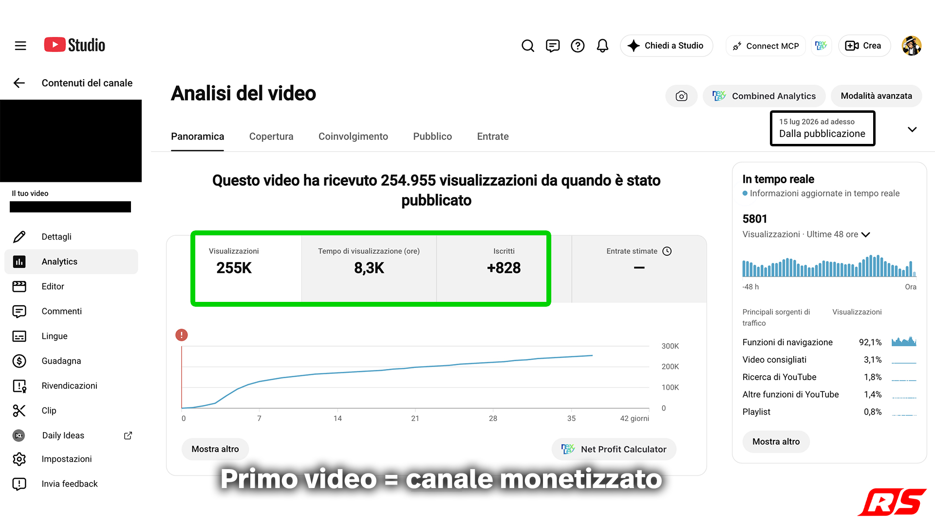 Primo video del canale: 255K views e +828 iscritti, canale monetizzato.